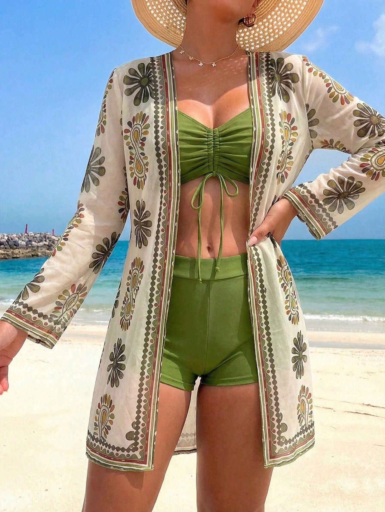 (image for) Women 3 Piece Vintage Boho Floral Long Sleeve Kimono Cover Up Set Green Ruched Drawstring High Waist Boy Short Bikini Sun Protection Premium Beach Resort Swimwear