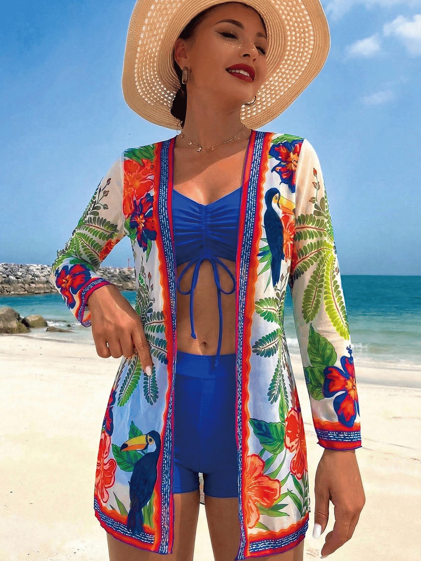 Women Tropical Print Bikini Set with Long Sleeve Cover Up 3 Piece Swimwear (image for) Women Tropical Print Bikini Set with Long Sleeve Cover Up 3 Piece Swimwear