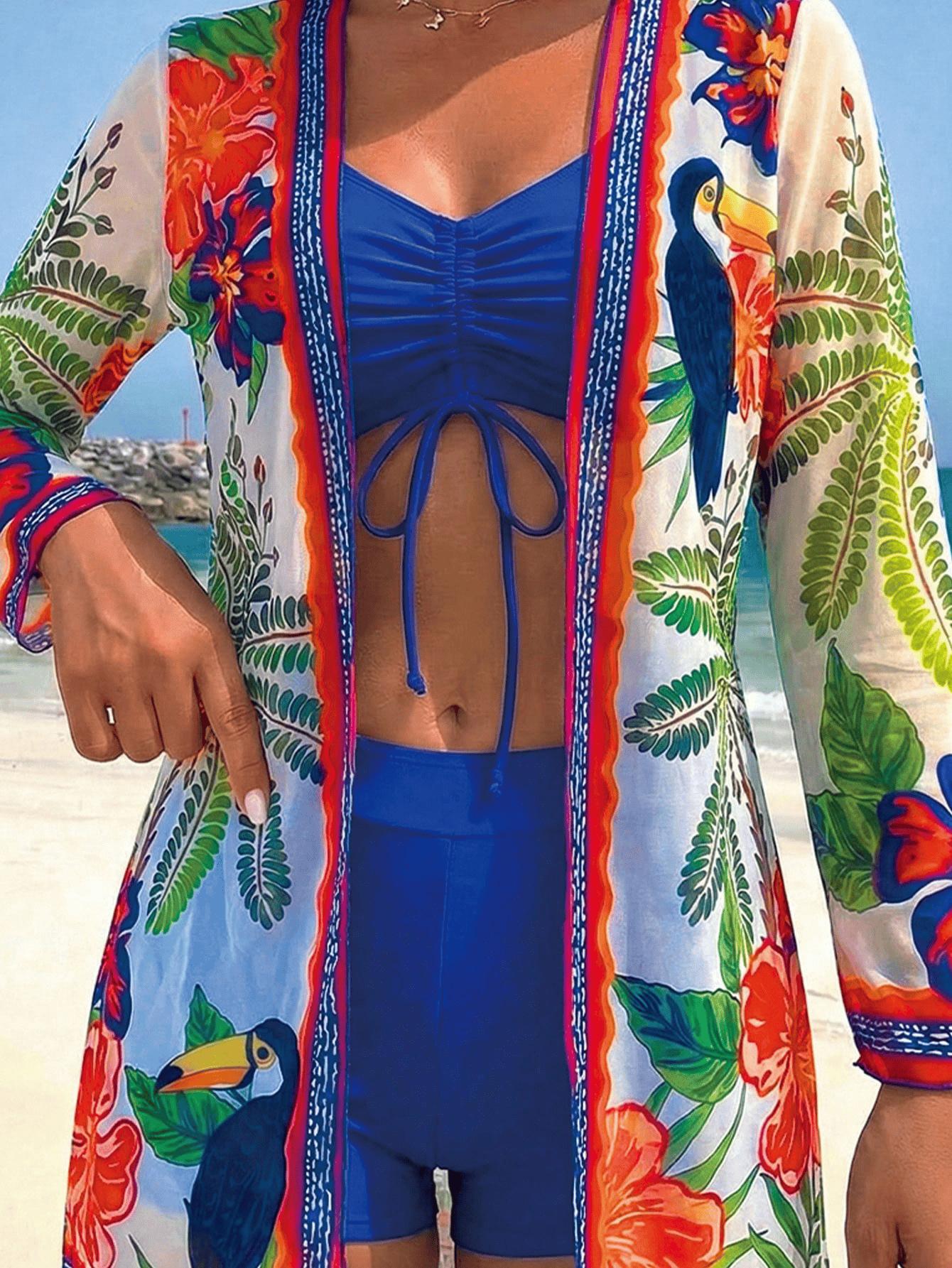 (image for) Women Tropical Print Bikini Set with Long Sleeve Cover Up 3 Piece Swimwear