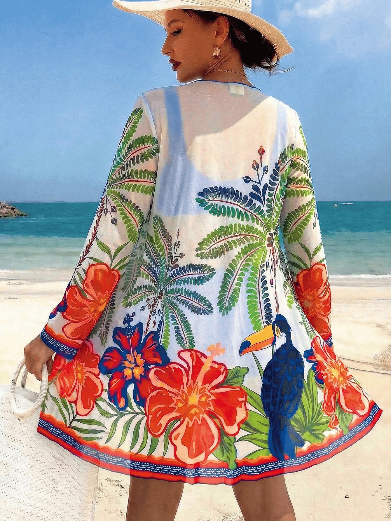 (image for) Women Tropical Print Bikini Set with Long Sleeve Cover Up 3 Piece Swimwear