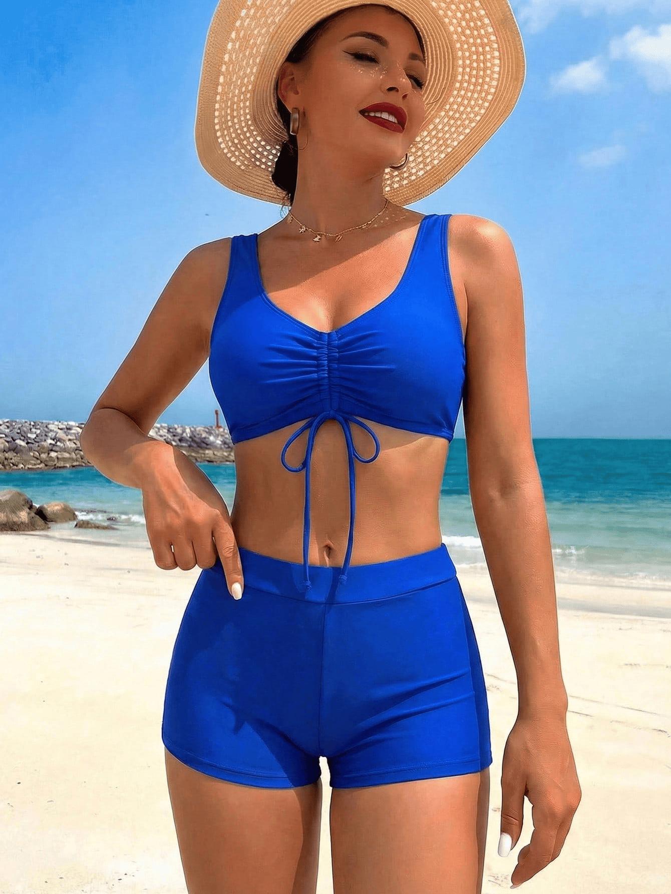 (image for) Women Tropical Print Bikini Set with Long Sleeve Cover Up 3 Piece Swimwear