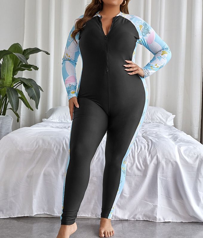 (image for) Plus Size Women One Piece Long Sleeve Swimsuit Zip Front Printed Rash Guard Full Coverage Swim Wetsuit