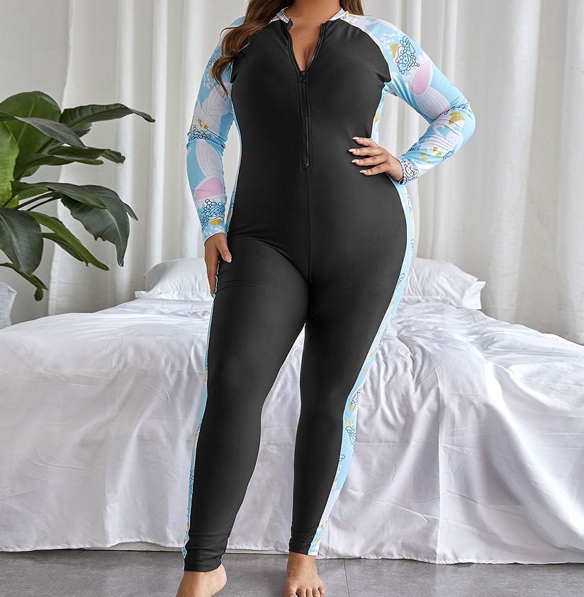 (image for) Plus Size Women One Piece Long Sleeve Swimsuit Zip Front Printed Rash Guard Full Coverage Swim Wetsuit