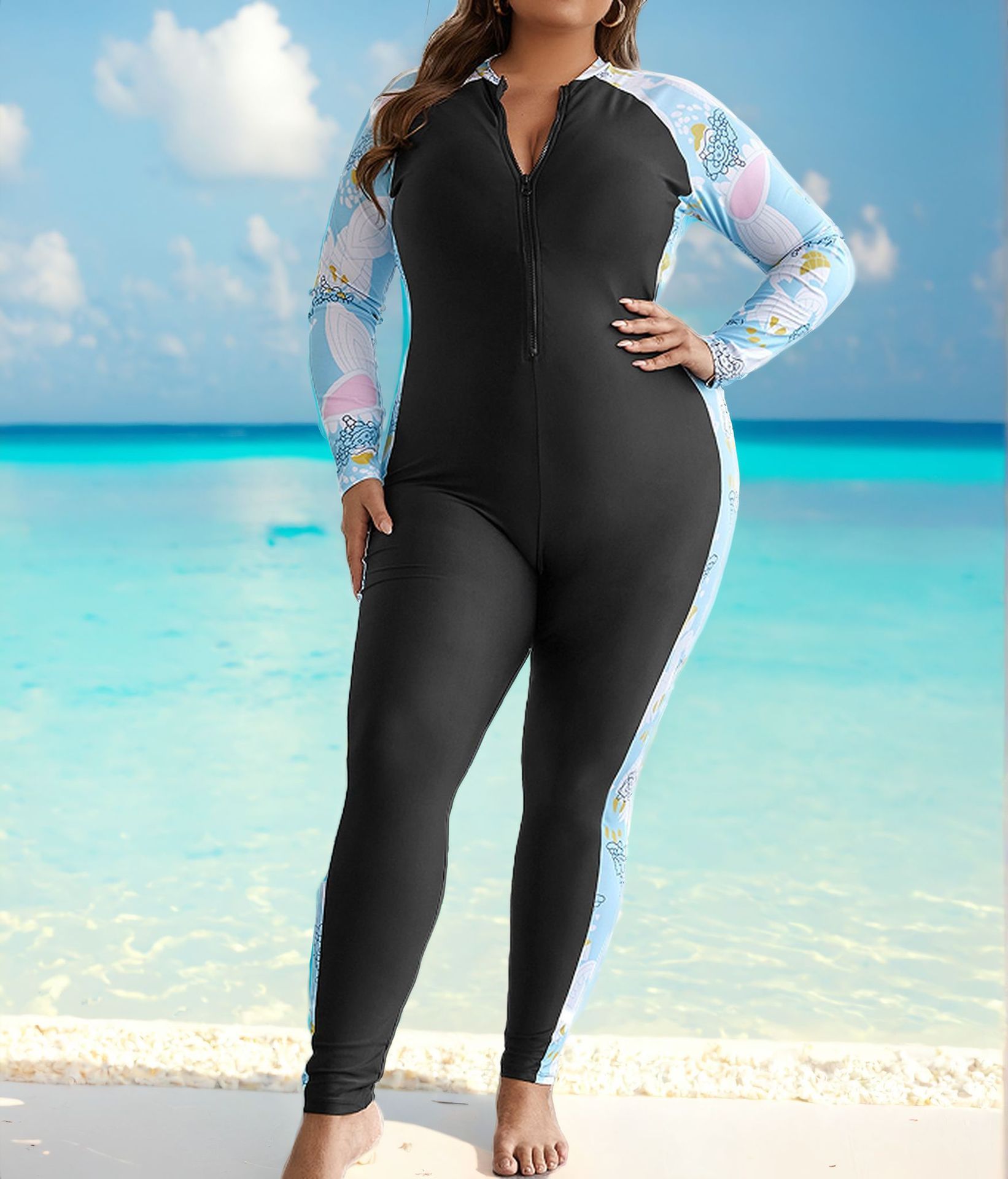 (image for) Plus Size Women One Piece Long Sleeve Swimsuit Zip Front Printed Rash Guard Full Coverage Swim Wetsuit