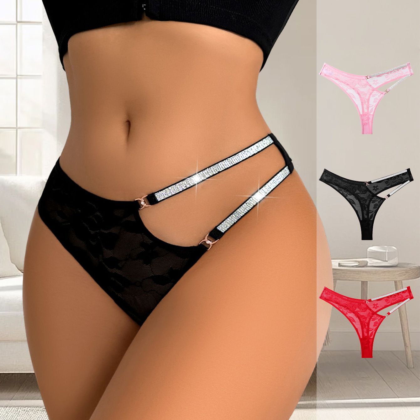 Women's Sexy Double Rhinestone Strap Low Rise Lace Thong Hollow Out Quick Dry Breathable Cotton Gusset Intimate Panty (image for) Women's Sexy Double Rhinestone Strap Low Rise Lace Thong Hollow Out Quick Dry Breathable Cotton Gusset Intimate Panty
