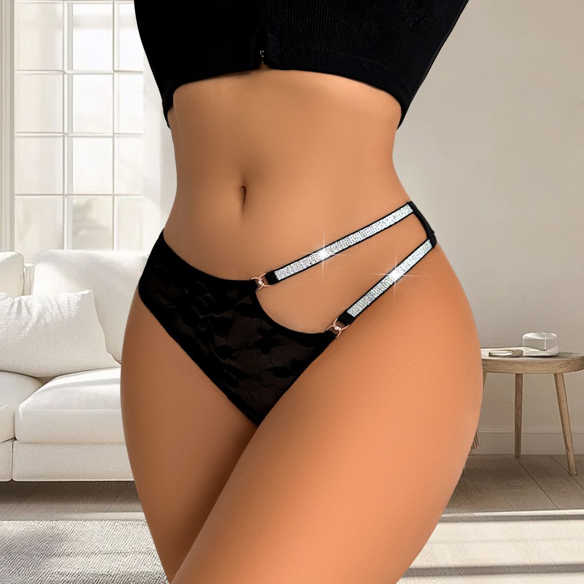 (image for) Women's Sexy Double Rhinestone Strap Low Rise Lace Thong Hollow Out Quick Dry Breathable Cotton Gusset Intimate Panty