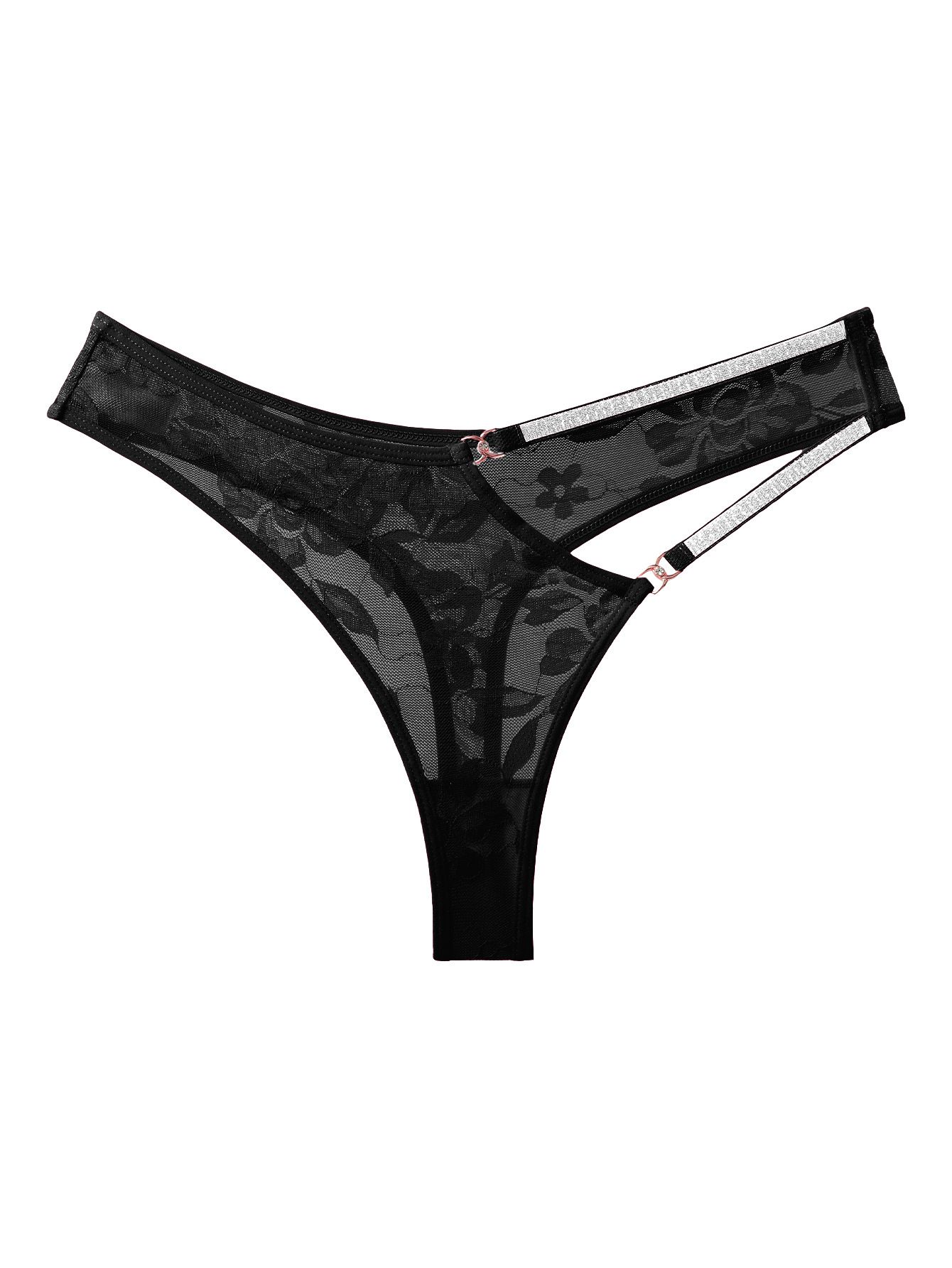 (image for) Women's Sexy Double Rhinestone Strap Low Rise Lace Thong Hollow Out Quick Dry Breathable Cotton Gusset Intimate Panty