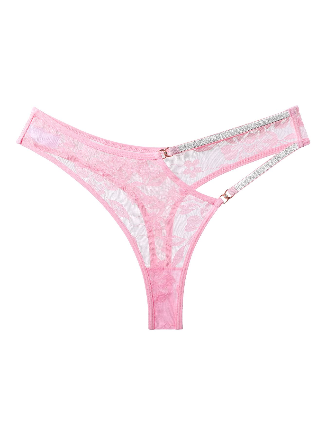 (image for) Women's Sexy Double Rhinestone Strap Low Rise Lace Thong Hollow Out Quick Dry Breathable Cotton Gusset Intimate Panty
