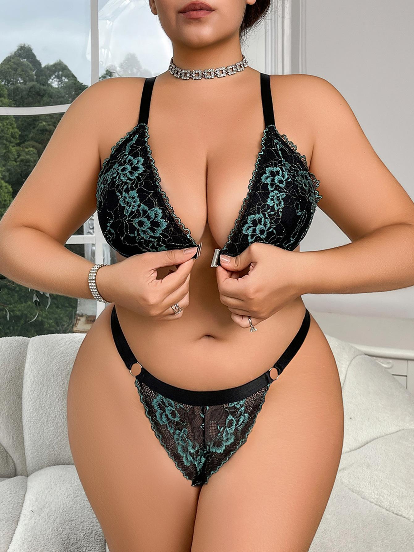 (image for) Women's Plus Size Lace Front Closure Push Up Lingerie Set 3/4 Cup Thick Bottom Thin Top Molded Cup Sexy Full Figure Intimate Set