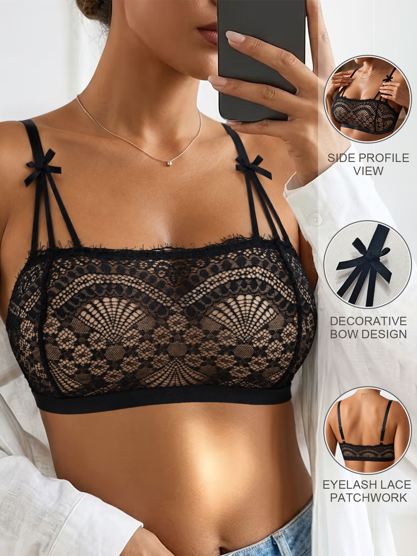 (image for) Women's French Eyelash Lace Bralette 3/4 Thin Cup Bow Accent Wireless Low Back Soft Support Side Smoothing Everyday Lingerie
