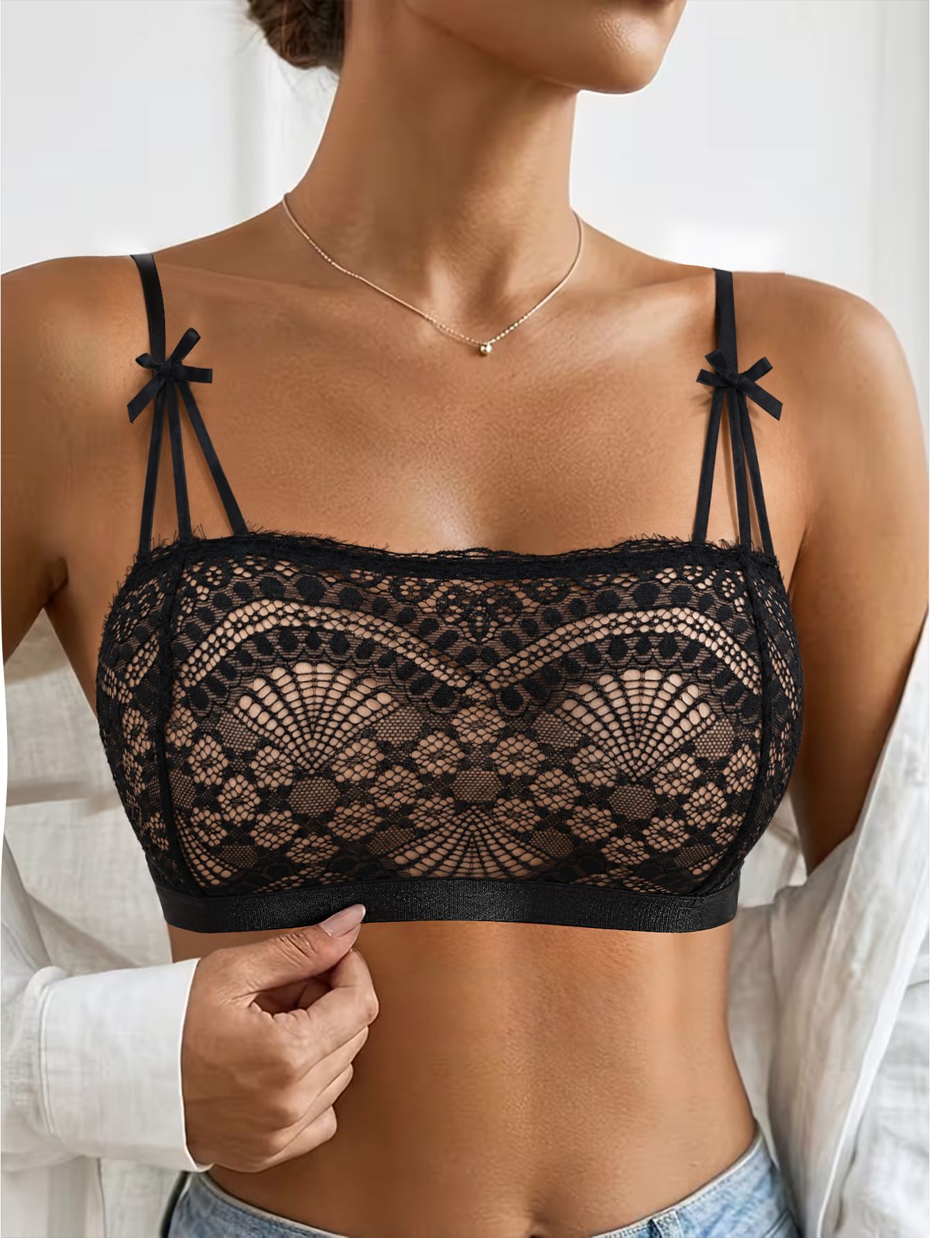 (image for) Women's French Eyelash Lace Bralette 3/4 Thin Cup Bow Accent Wireless Low Back Soft Support Side Smoothing Everyday Lingerie
