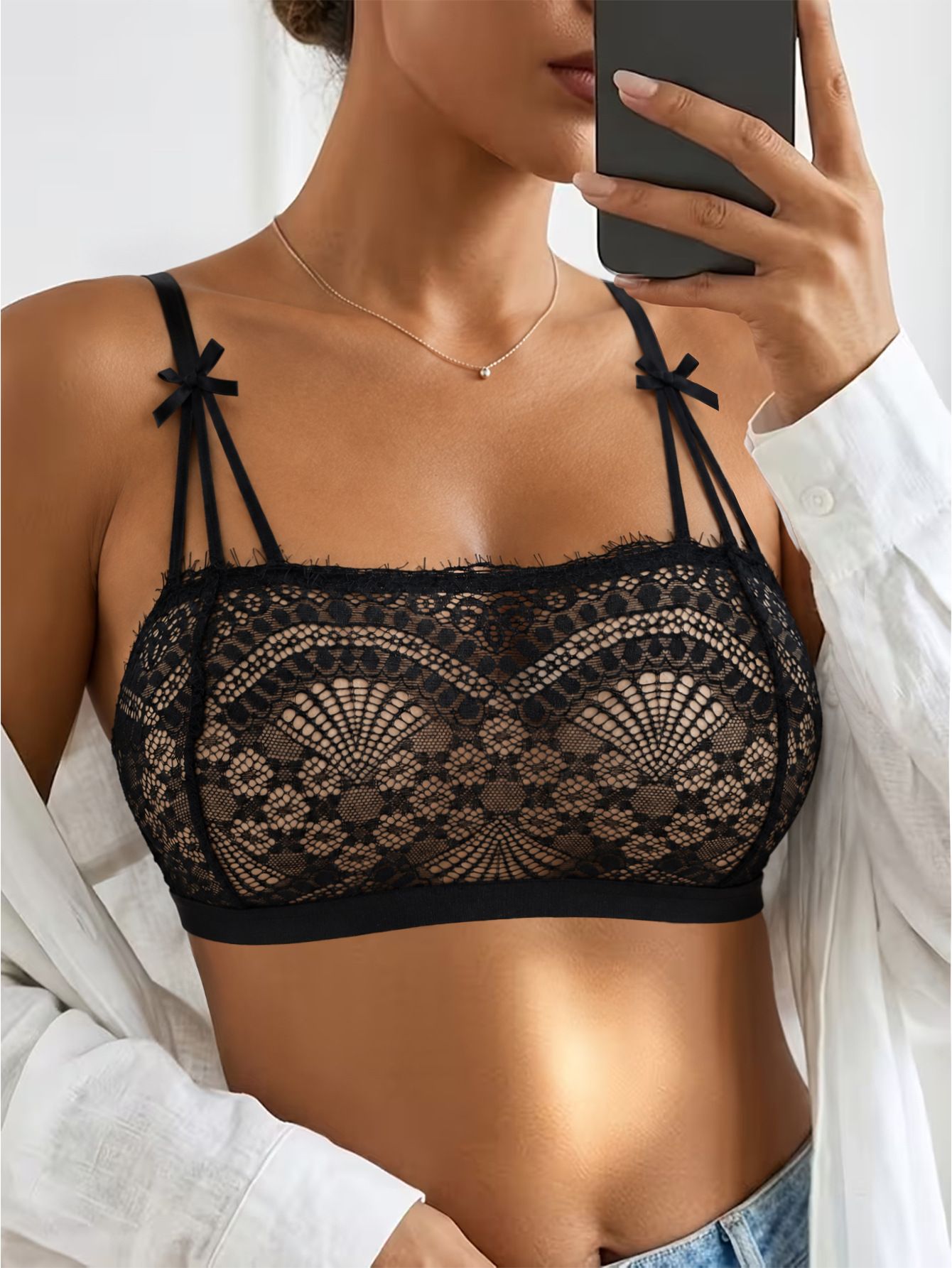 (image for) Women's French Eyelash Lace Bralette 3/4 Thin Cup Bow Accent Wireless Low Back Soft Support Side Smoothing Everyday Lingerie