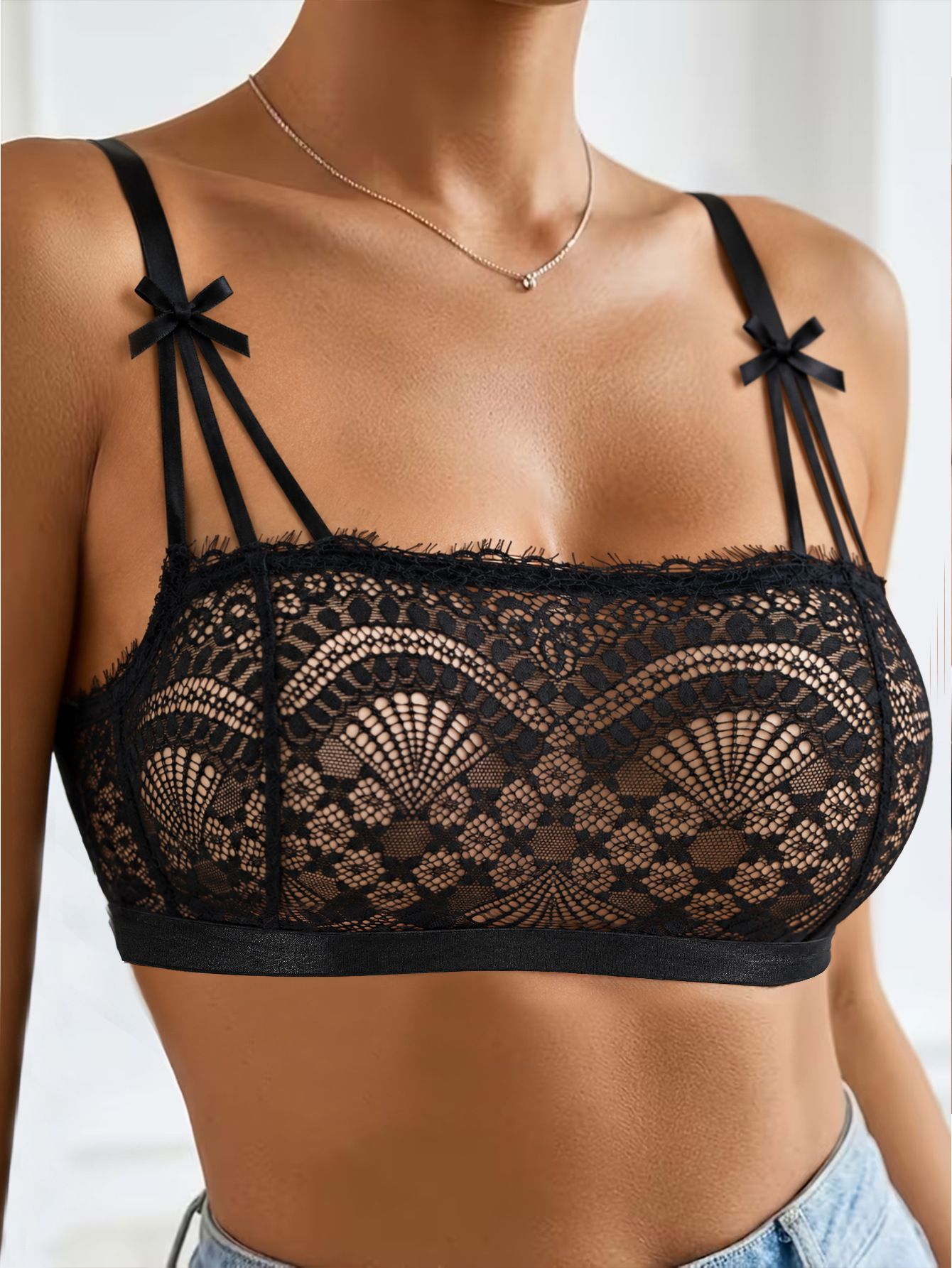 (image for) Women's French Eyelash Lace Bralette 3/4 Thin Cup Bow Accent Wireless Low Back Soft Support Side Smoothing Everyday Lingerie