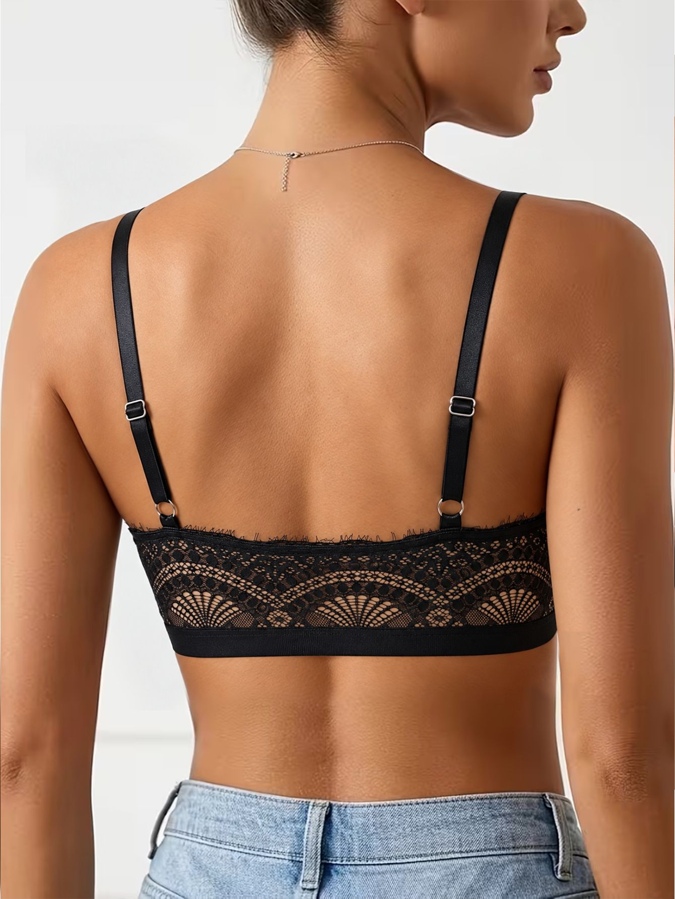 (image for) Women's French Eyelash Lace Bralette 3/4 Thin Cup Bow Accent Wireless Low Back Soft Support Side Smoothing Everyday Lingerie