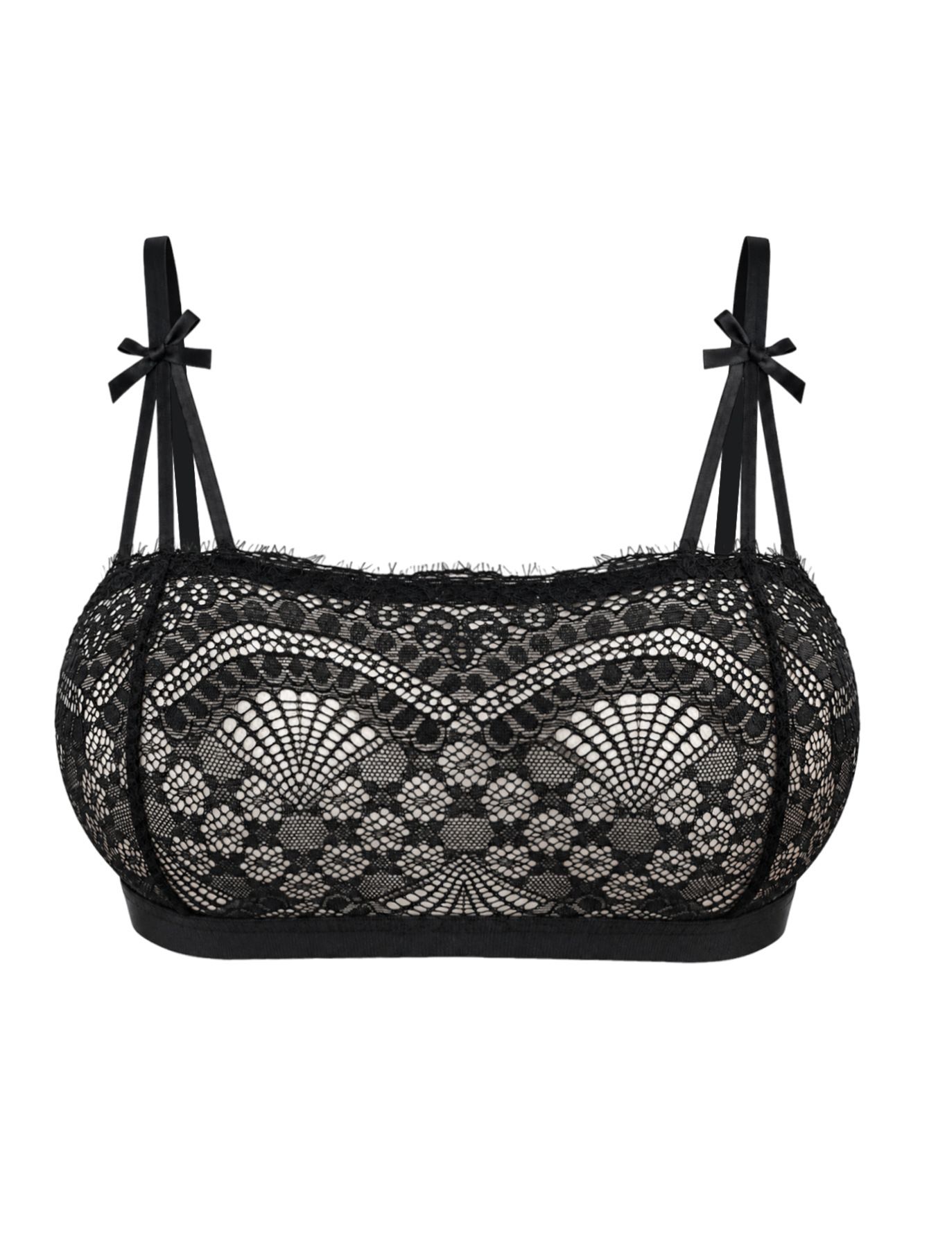 (image for) Women's French Eyelash Lace Bralette 3/4 Thin Cup Bow Accent Wireless Low Back Soft Support Side Smoothing Everyday Lingerie