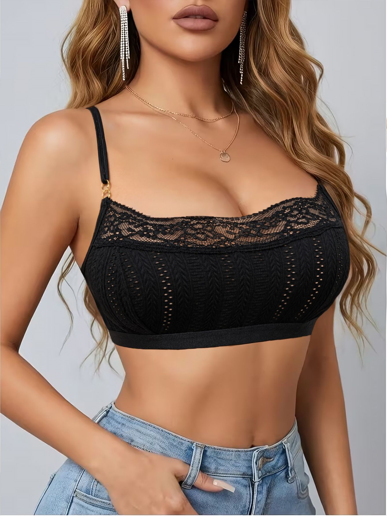 (image for) Women's Lace Bandeau Low Back Bralette Wireless Push Up 1/2 Cup Soft Support Side Underarm Smoothing Breathable Everyday Bra