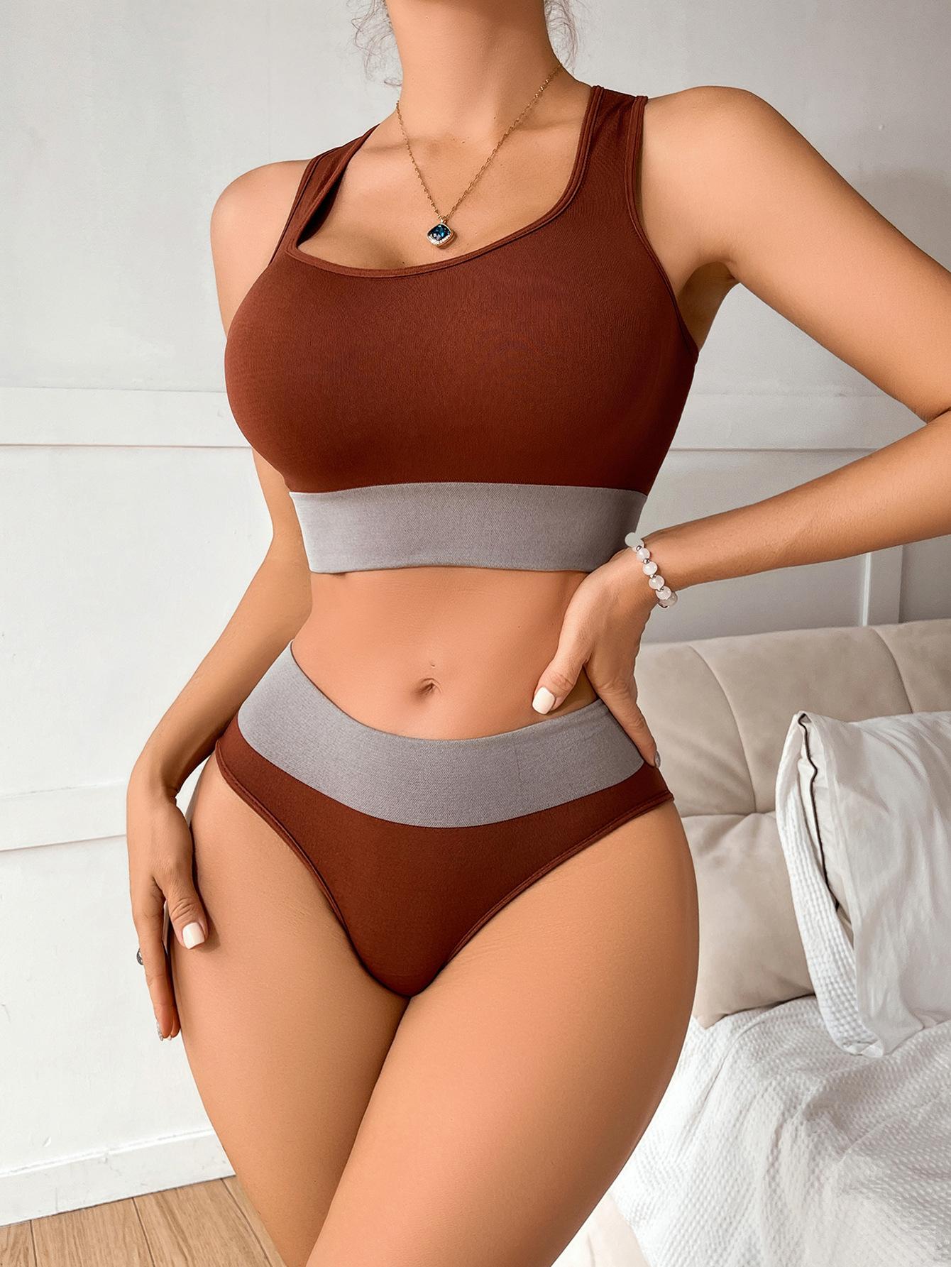 Women's French Style Colorblock Seamless Racerback Bralette Set Wireless Soft Comfort Casual Active Loungewear Lingerie (image for) Women's French Style Colorblock Seamless Racerback Bralette Set Wireless Soft Comfort Casual Active Loungewear Lingerie
