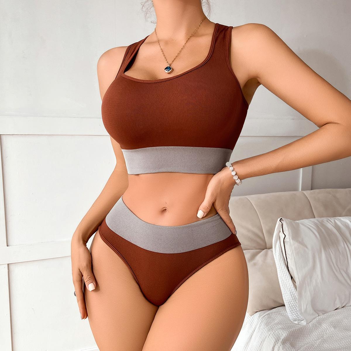 (image for) Women's French Style Colorblock Seamless Racerback Bralette Set Wireless Soft Comfort Casual Active Loungewear Lingerie