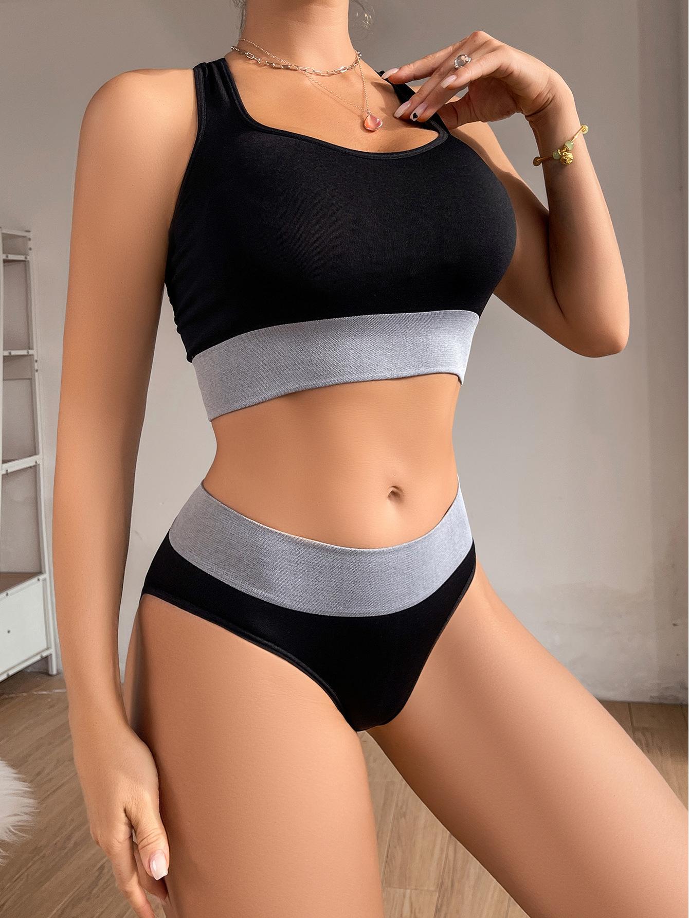 (image for) Women's French Style Colorblock Seamless Racerback Bralette Set Wireless Soft Comfort Casual Active Loungewear Lingerie