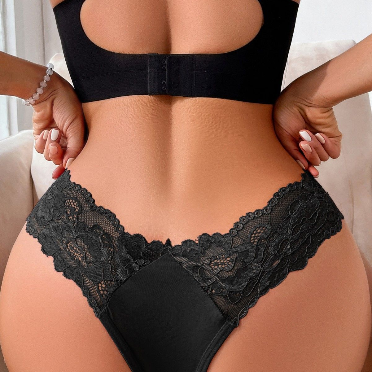 (image for) Women's Low Rise Lace Panel V-Waist Thong Plus Size Sheer Thin Skin-Friendly Breathable Cotton Gusset Everyday Intimate Panty