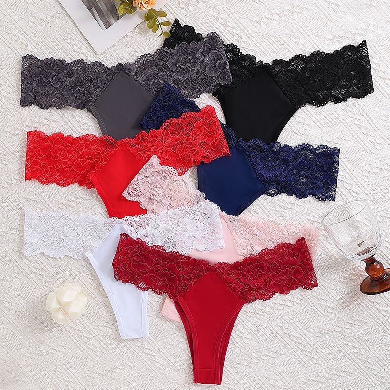(image for) Women's Low Rise Lace Panel V-Waist Thong Plus Size Sheer Thin Skin-Friendly Breathable Cotton Gusset Everyday Intimate Panty
