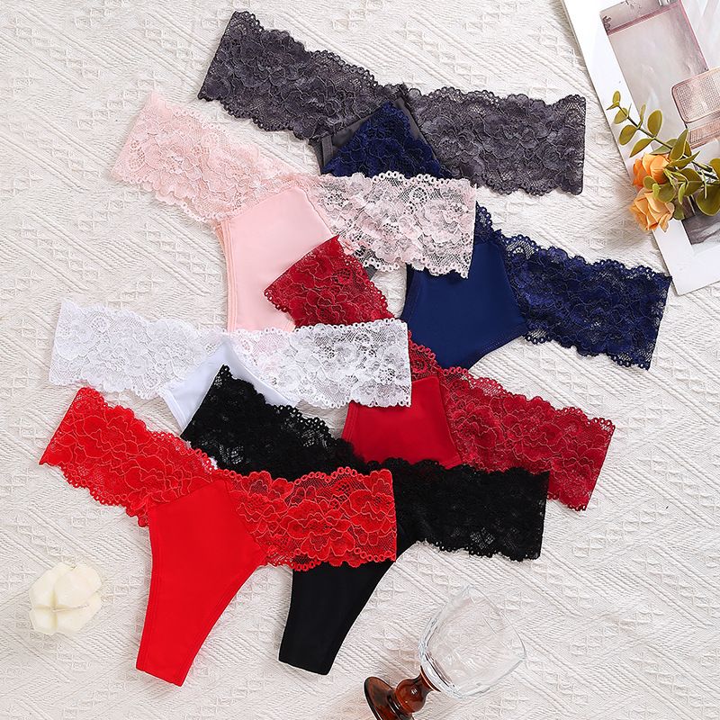 (image for) Women's Low Rise Lace Panel V-Waist Thong Plus Size Sheer Thin Skin-Friendly Breathable Cotton Gusset Everyday Intimate Panty