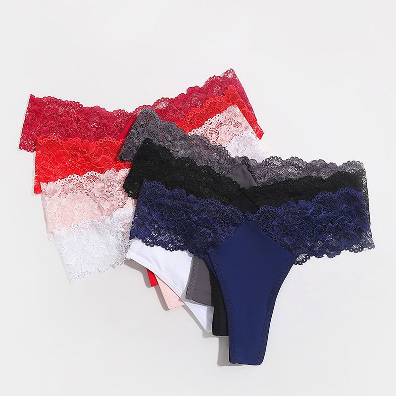 (image for) Women's Low Rise Lace Panel V-Waist Thong Plus Size Sheer Thin Skin-Friendly Breathable Cotton Gusset Everyday Intimate Panty