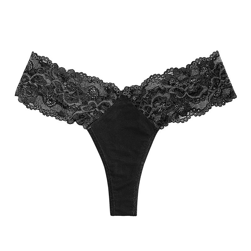 (image for) Women's Low Rise Lace Panel V-Waist Thong Plus Size Sheer Thin Skin-Friendly Breathable Cotton Gusset Everyday Intimate Panty