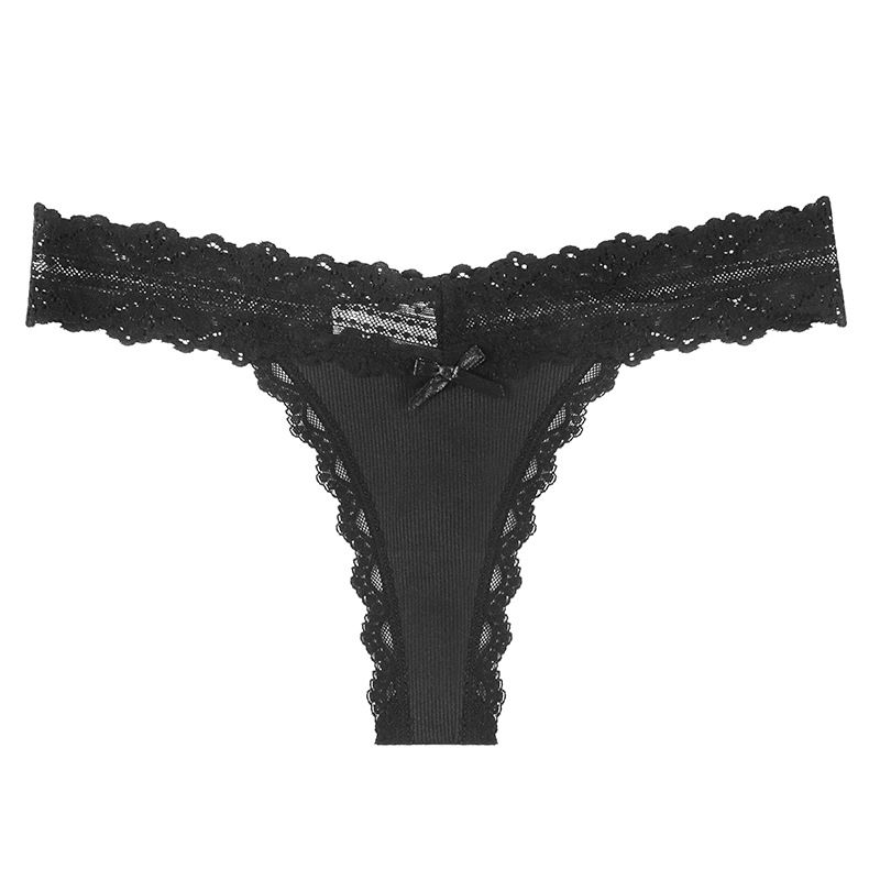 (image for) Women's Delicate Lace Waistband Ribbed Low Rise Thong Soft Breathable Cotton Gusset Seamless No-Show Sexy Everyday Intimate Panties