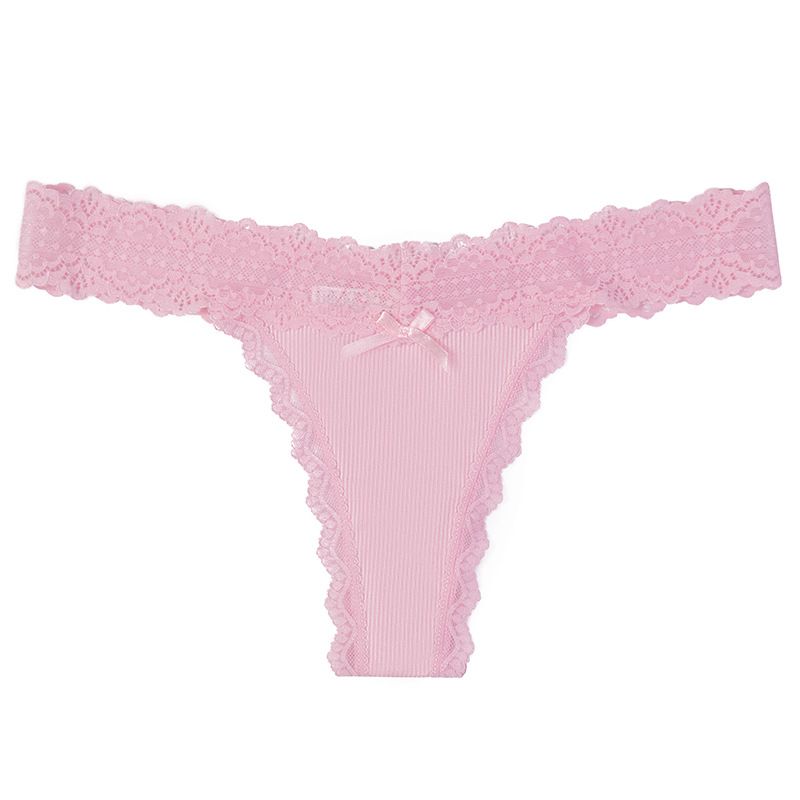 (image for) Women's Delicate Lace Waistband Ribbed Low Rise Thong Soft Breathable Cotton Gusset Seamless No-Show Sexy Everyday Intimate Panties