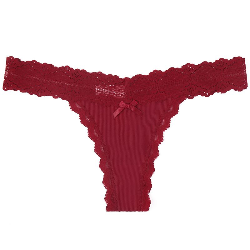 (image for) Women's Delicate Lace Waistband Ribbed Low Rise Thong Soft Breathable Cotton Gusset Seamless No-Show Sexy Everyday Intimate Panties