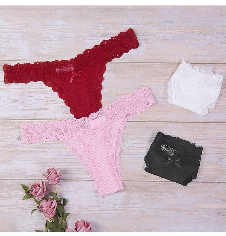 (image for) Women's Delicate Lace Waistband Ribbed Low Rise Thong Soft Breathable Cotton Gusset Seamless No-Show Sexy Everyday Intimate Panties