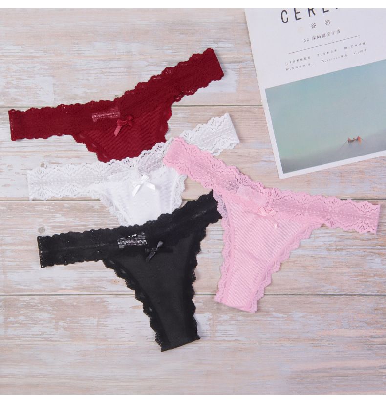 (image for) Women's Delicate Lace Waistband Ribbed Low Rise Thong Soft Breathable Cotton Gusset Seamless No-Show Sexy Everyday Intimate Panties