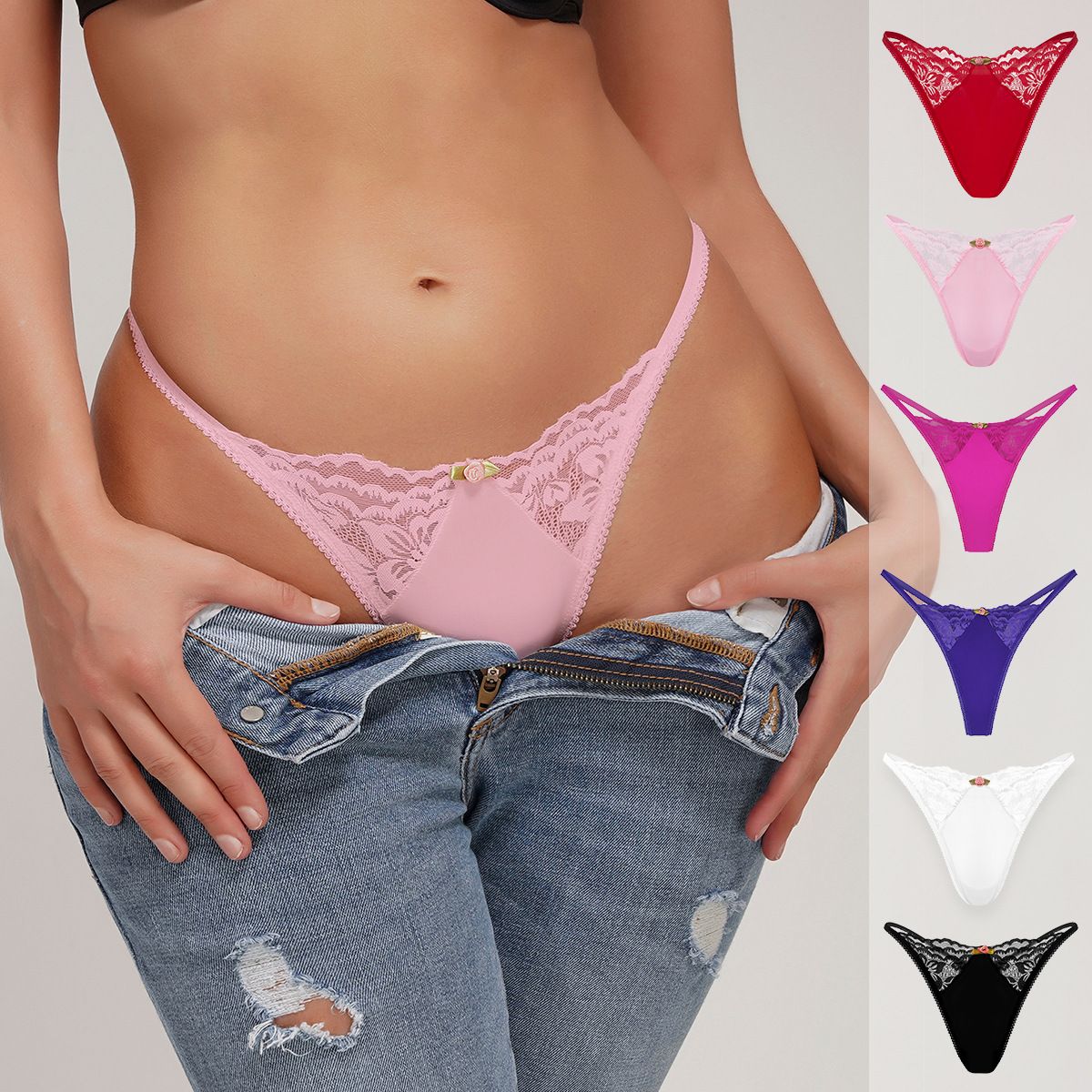 Women's Sexy Lace Panel Thin Strap Seamless Low Rise Thong Quick Dry Soft Everyday Intimate Panty with Cotton Gusset