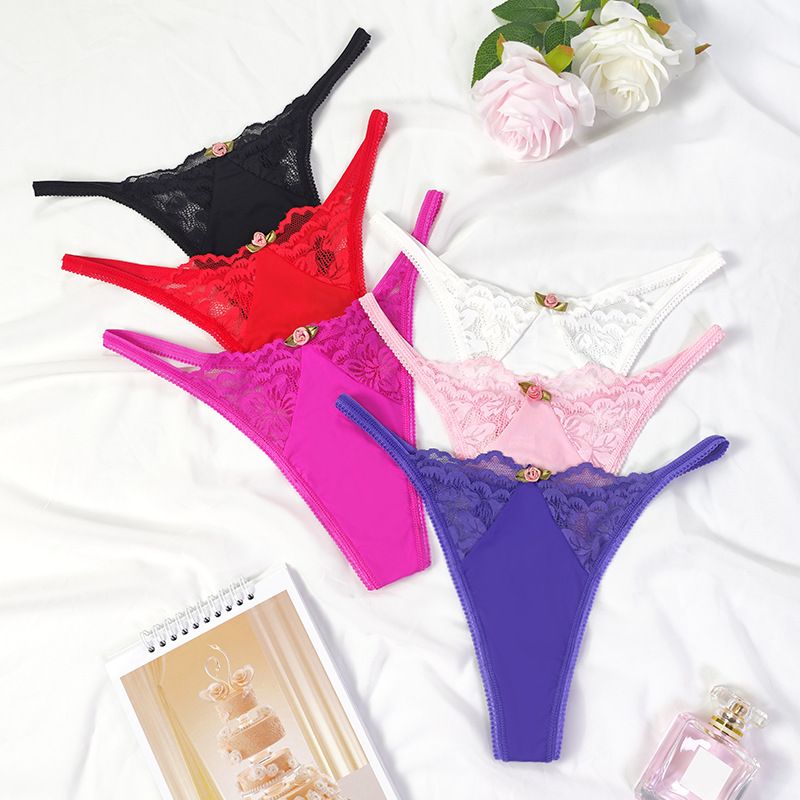 (image for) Women's Sexy Lace Panel Thin Strap Seamless Low Rise Thong Quick Dry Soft Everyday Intimate Panty with Cotton Gusset
