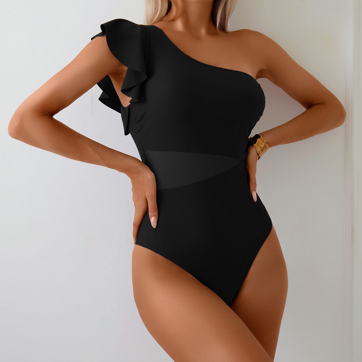 Women One Shoulder Ruffle Flounce One Piece Swimsuit Sheer Mesh Waist Panel Quick Dry Slimming Monokini Bathing Suit