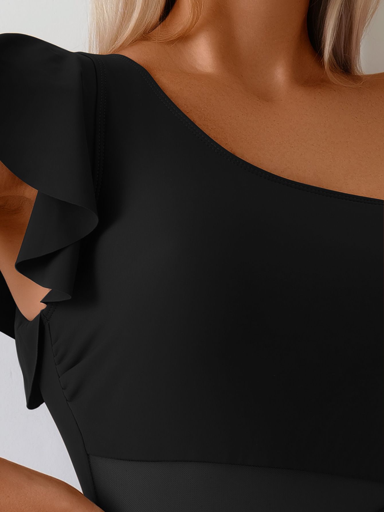 (image for) Women One Shoulder Ruffle Flounce One Piece Swimsuit Sheer Mesh Waist Panel Quick Dry Slimming Monokini Bathing Suit