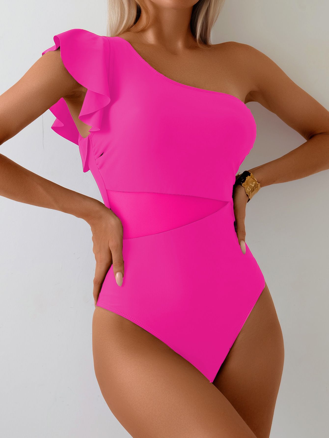 (image for) Women One Shoulder Ruffle Flounce One Piece Swimsuit Sheer Mesh Waist Panel Quick Dry Slimming Monokini Bathing Suit