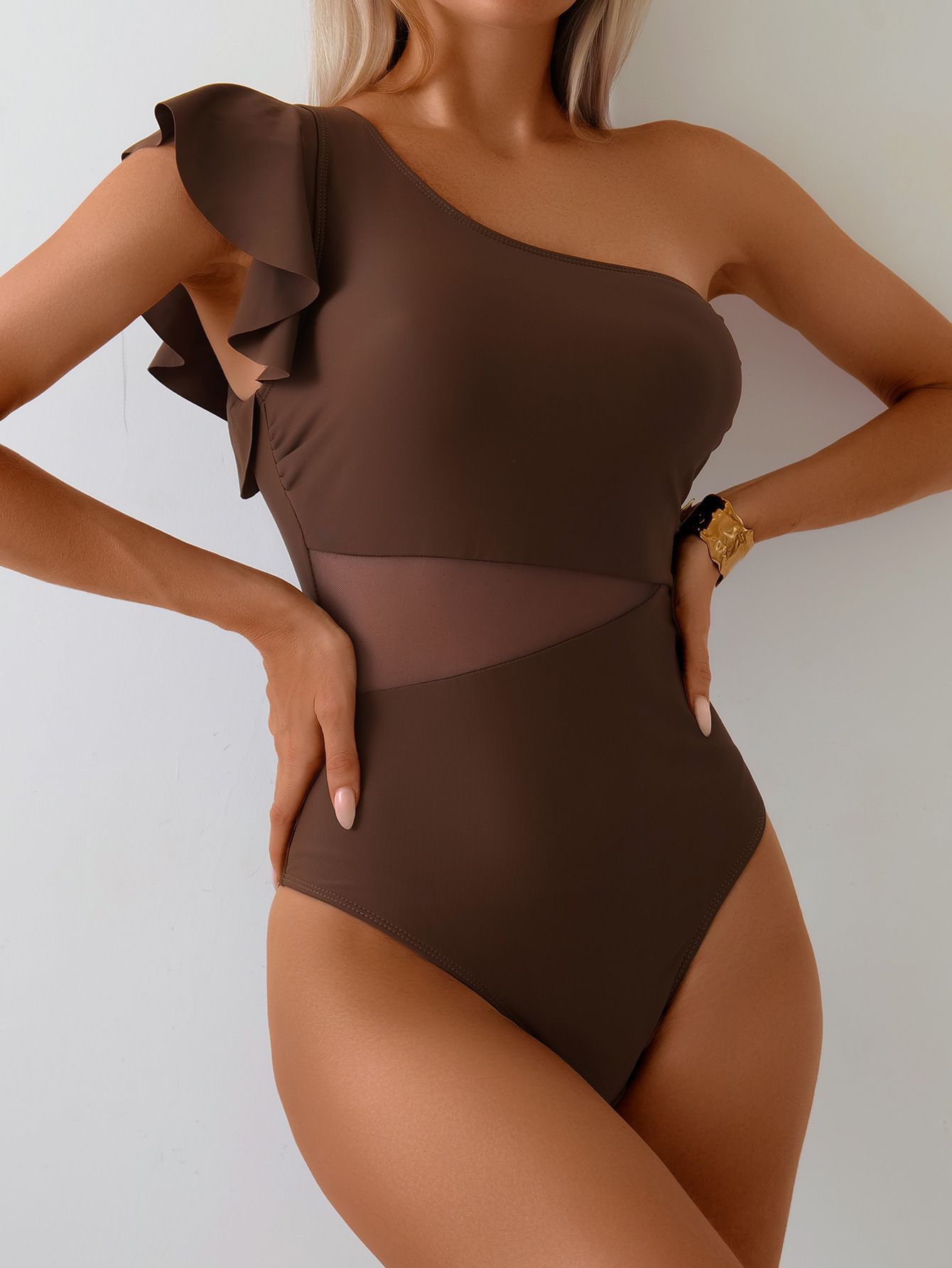 (image for) Women One Shoulder Ruffle Flounce One Piece Swimsuit Sheer Mesh Waist Panel Quick Dry Slimming Monokini Bathing Suit