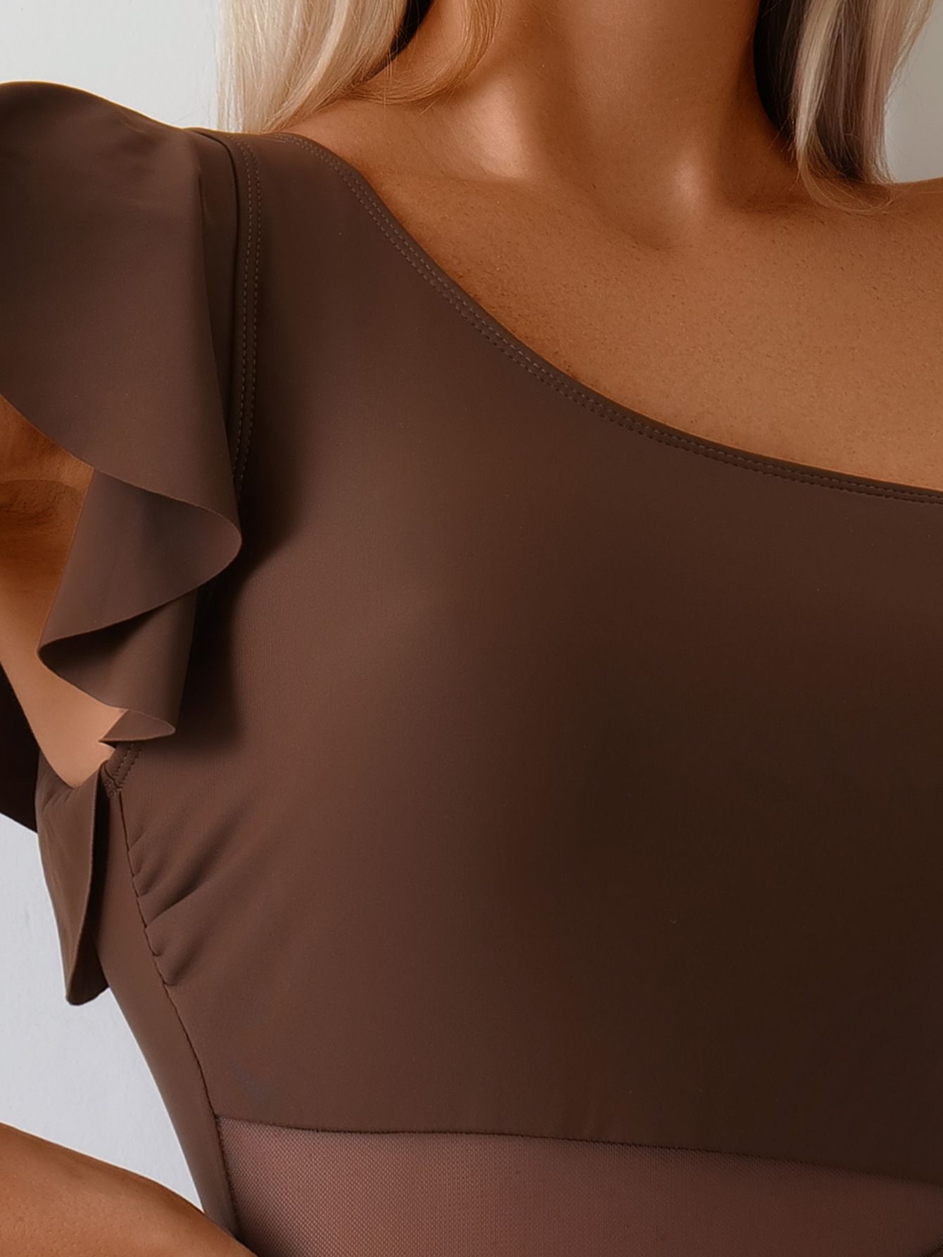 (image for) Women One Shoulder Ruffle Flounce One Piece Swimsuit Sheer Mesh Waist Panel Quick Dry Slimming Monokini Bathing Suit