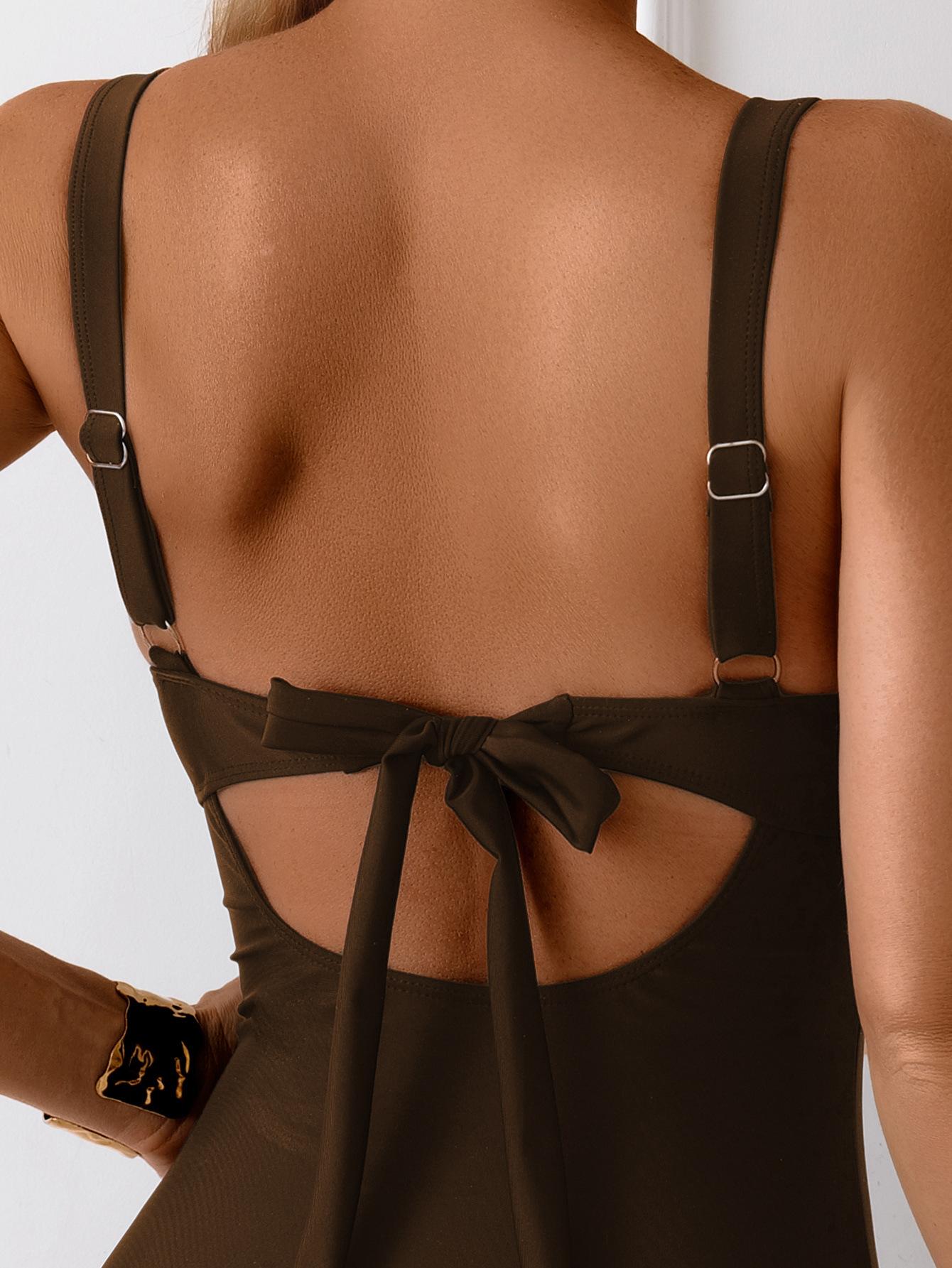 (image for) Women Gold V-Bar Detail Ruched Waist One Piece Swimsuit Tummy Control Wide Strap Solid Color Monokini Bathing Suit