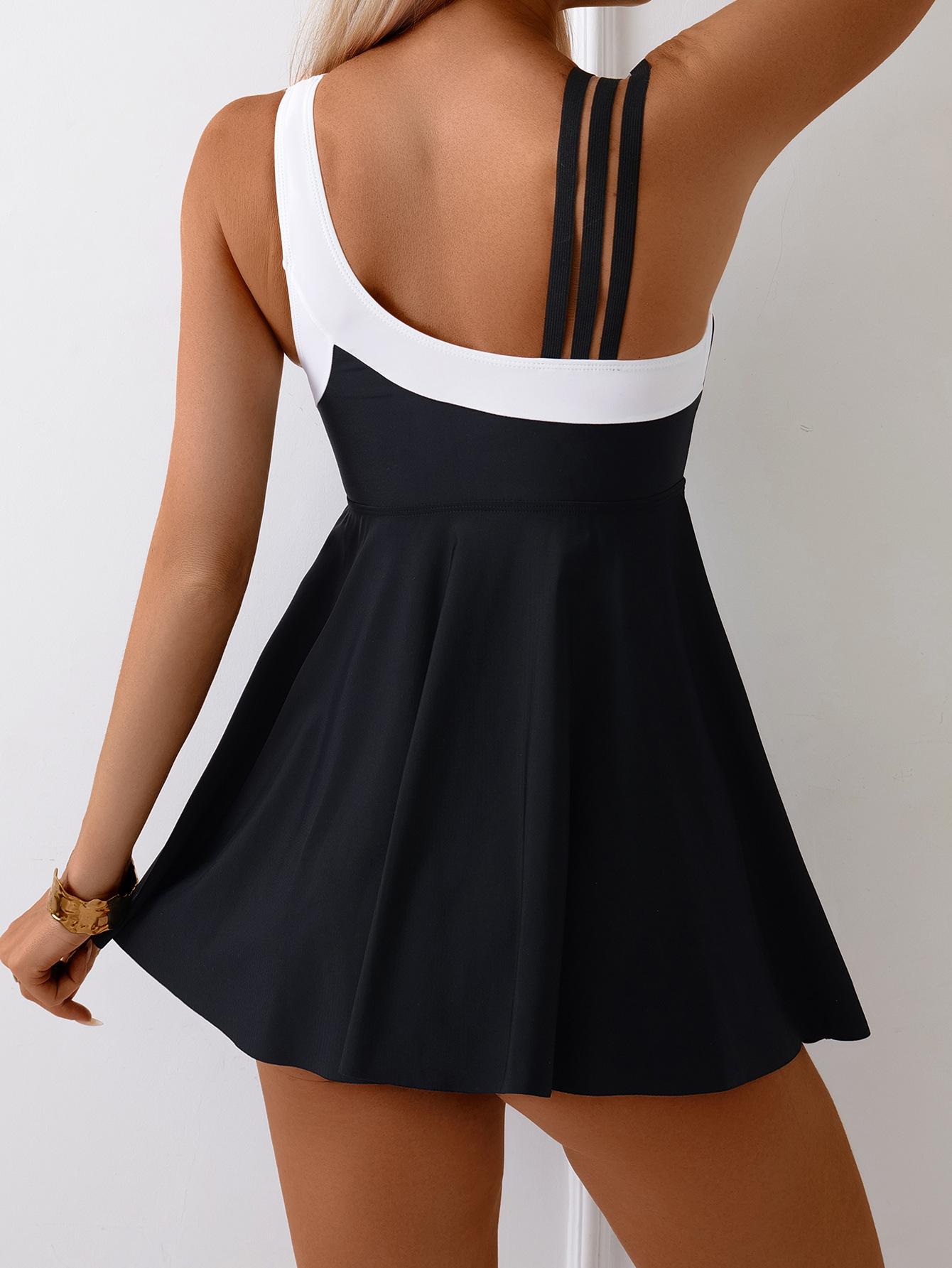 (image for) Women One Shoulder Asymmetrical Strap Swim Dress Black White Color Block Modest Skirted One Piece Swimsuit Tummy Control Padded Bathing Suit