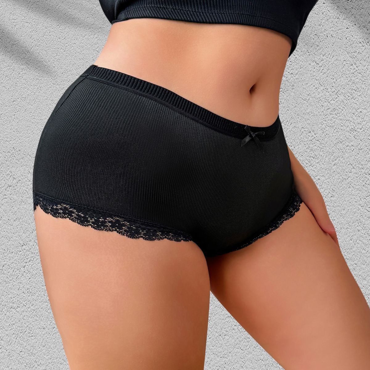 (image for) Women's Mid Waist Plus Size Boyshort Panty Cute Bow Accent Lace Leg Trim Soft Knitted Breathable Comfortable Everyday Underwear