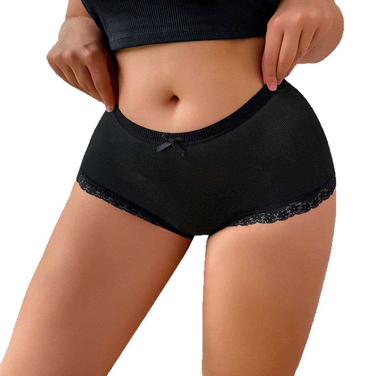 (image for) Women's Mid Waist Plus Size Boyshort Panty Cute Bow Accent Lace Leg Trim Soft Knitted Breathable Comfortable Everyday Underwear