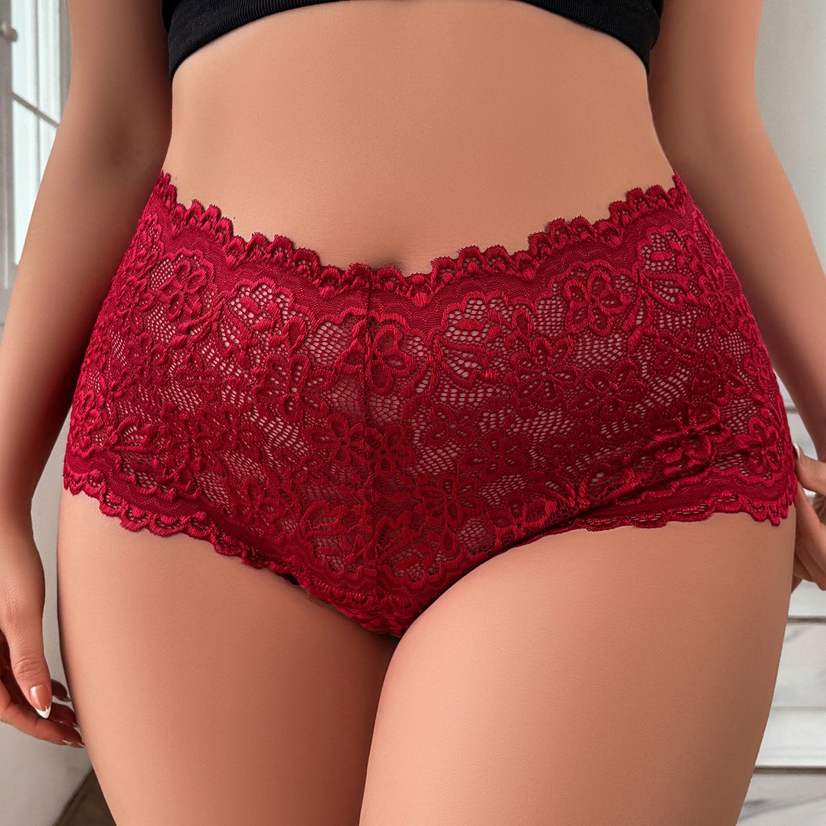 (image for) Women's Full Lace High Waist Plus Size Boyshort Ultra-Thin Sheer Butt Enhancing Sexy Anti-Exposure Full Coverage Intimate Panty