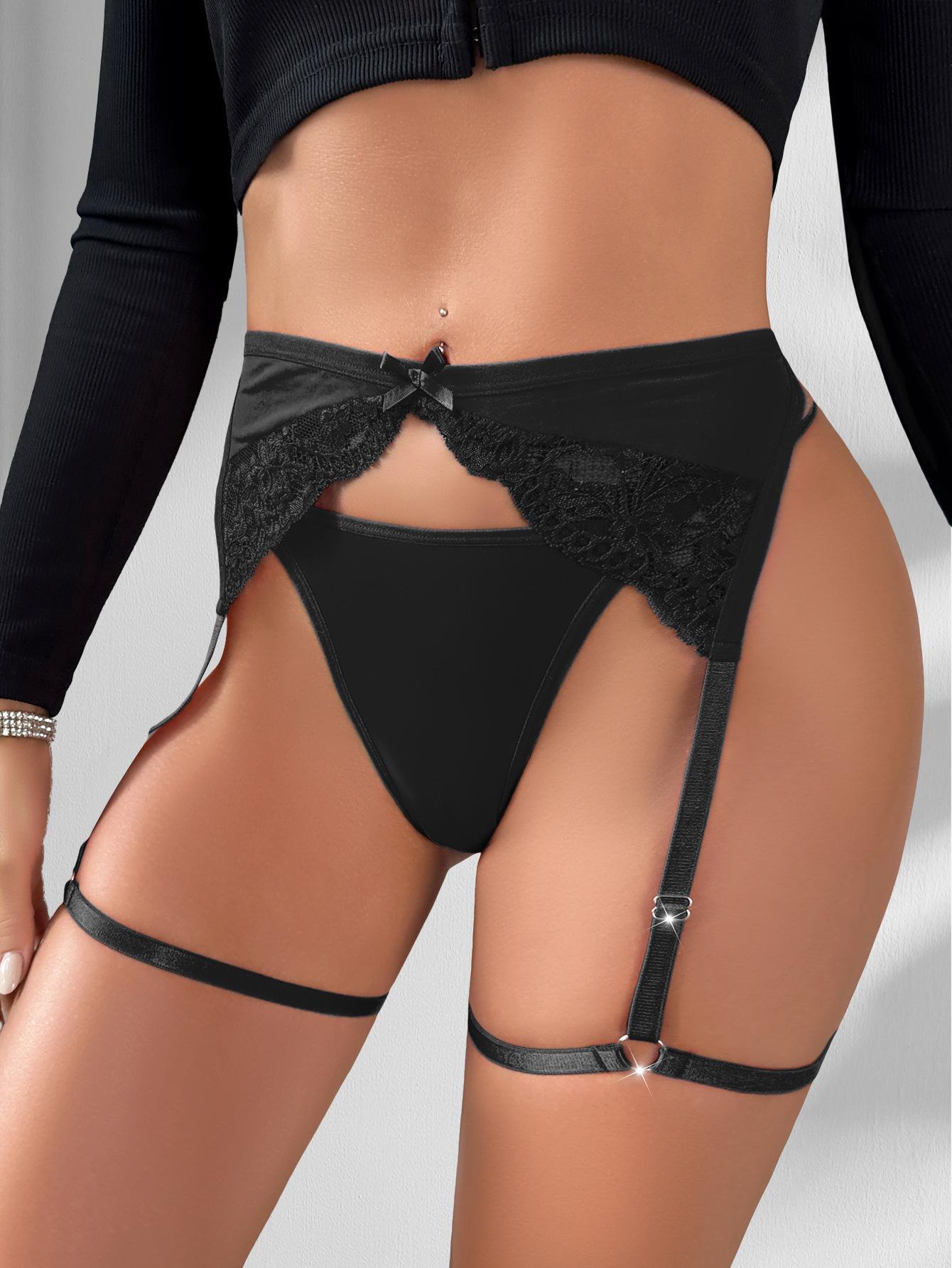 (image for) Women's Sexy Deep V Sheer Lace Garter Belt Set with Thong Adjustable Leg Straps 3-Piece Seductive Intimate Lingerie