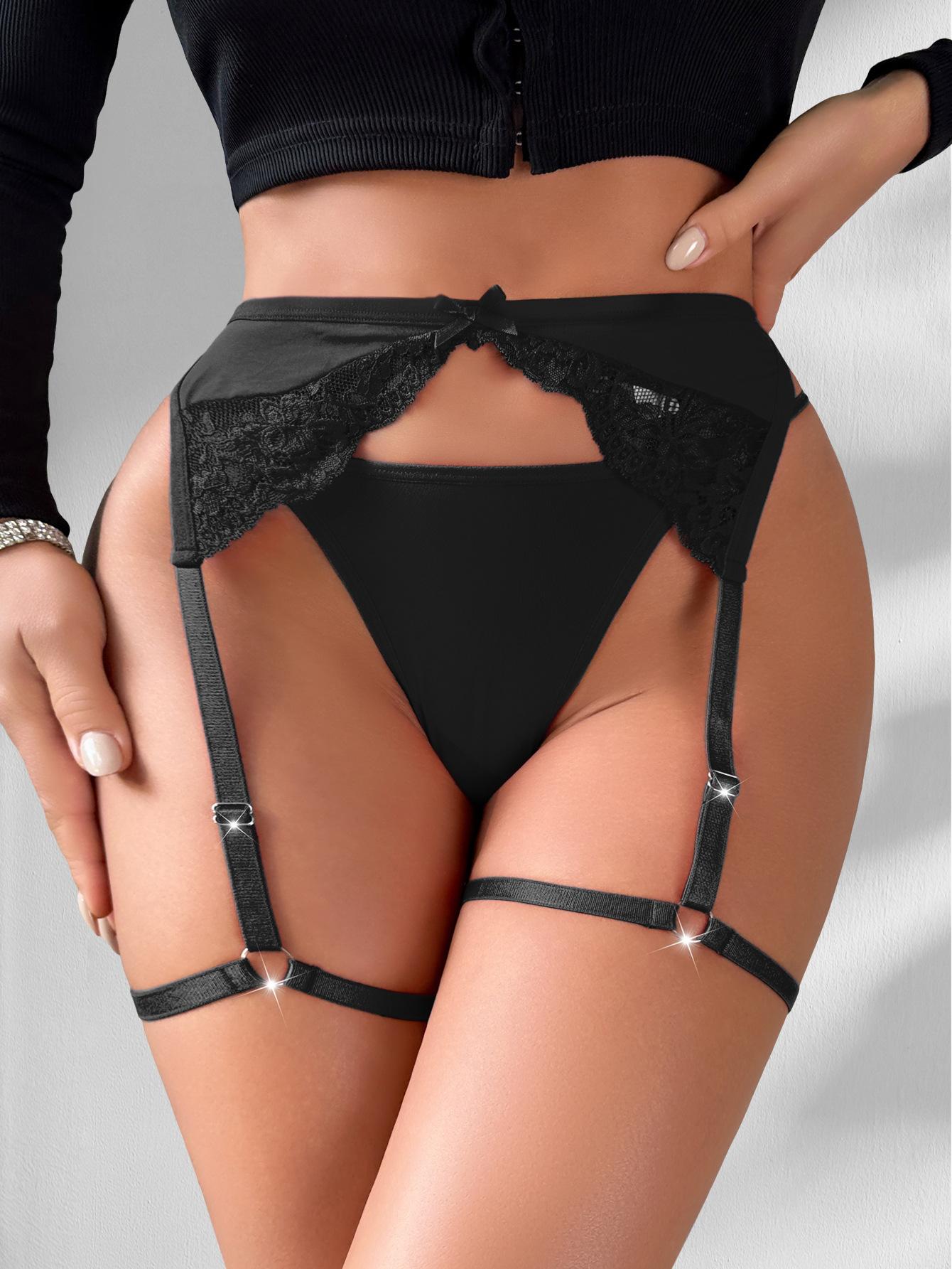 (image for) Women's Sexy Deep V Sheer Lace Garter Belt Set with Thong Adjustable Leg Straps 3-Piece Seductive Intimate Lingerie