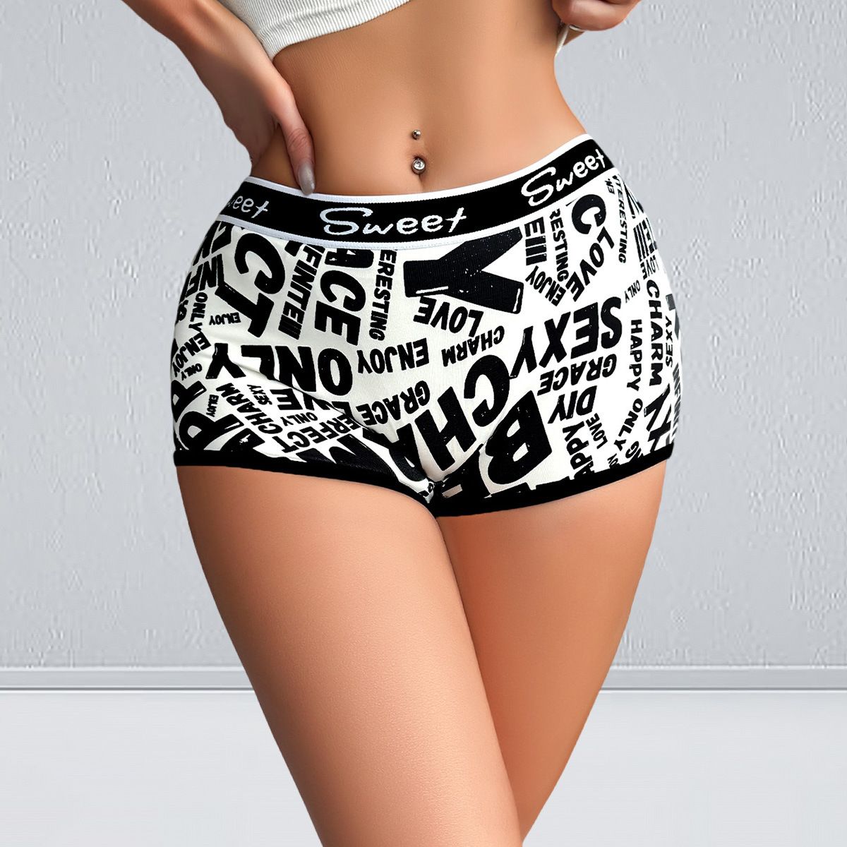 (image for) Women's Trendy Letter Print High Waist Boyshort Summer Thin High Stretch Breathable Soft Comfort Everyday Short Panty