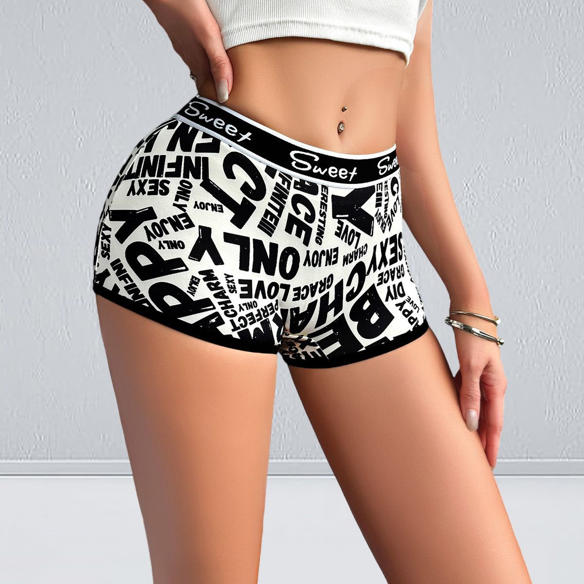 (image for) Women's Trendy Letter Print High Waist Boyshort Summer Thin High Stretch Breathable Soft Comfort Everyday Short Panty