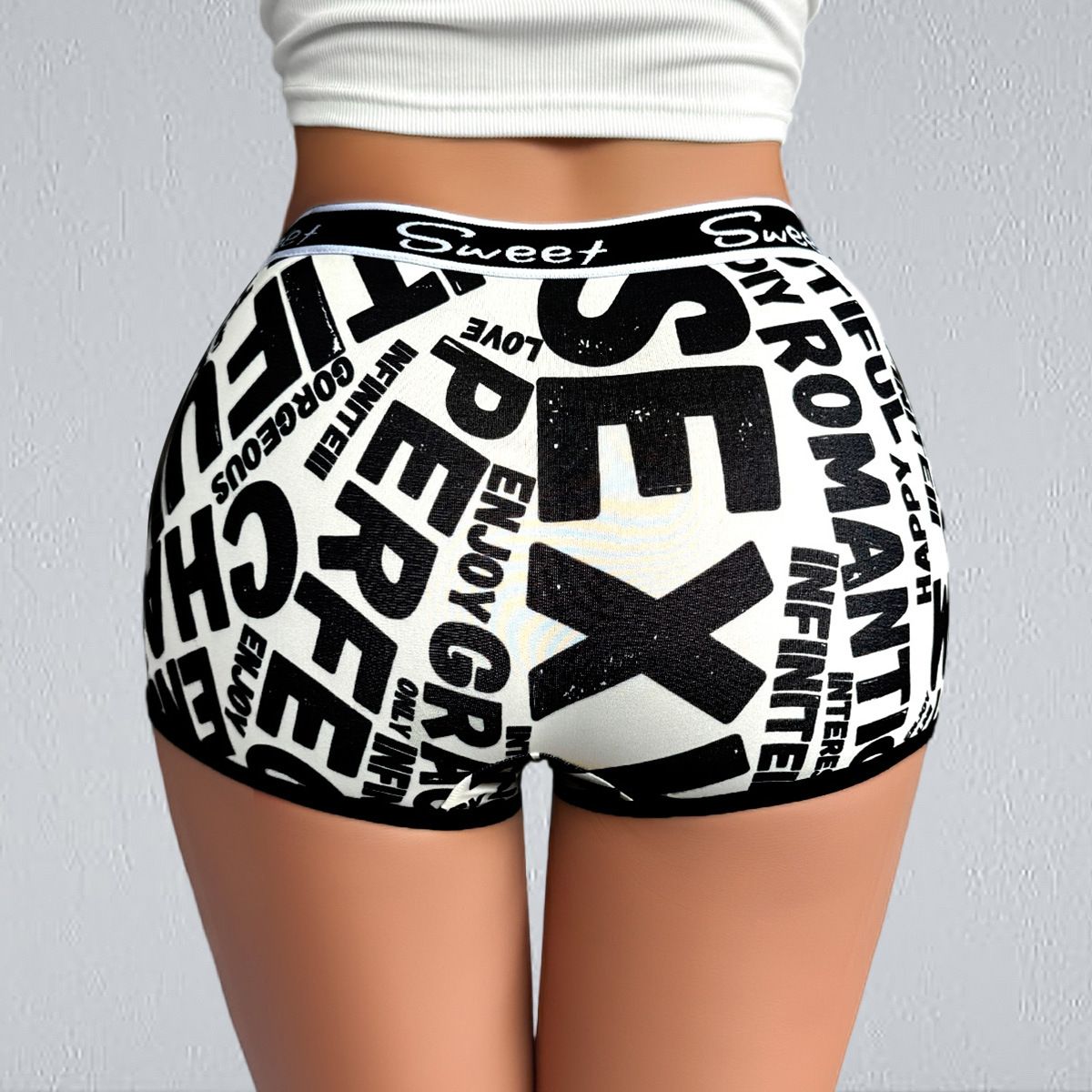 (image for) Women's Trendy Letter Print High Waist Boyshort Summer Thin High Stretch Breathable Soft Comfort Everyday Short Panty